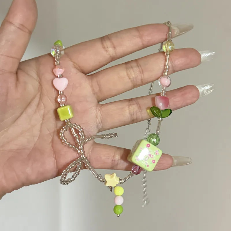 Ingvn  Summer Colored Beaded Bow Flower chkoer Necklace for Girls' Aesthetic Party Jewelry y2k