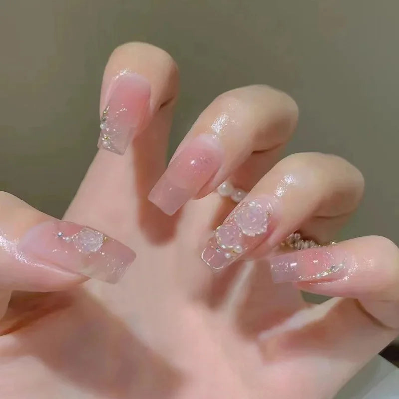 Ingvn  24Pcs Wearable Coffin Fake Nail Tips with Butterfly Camellia Designs Red Long Ballerina False Nails Press on Nails Art Manicure