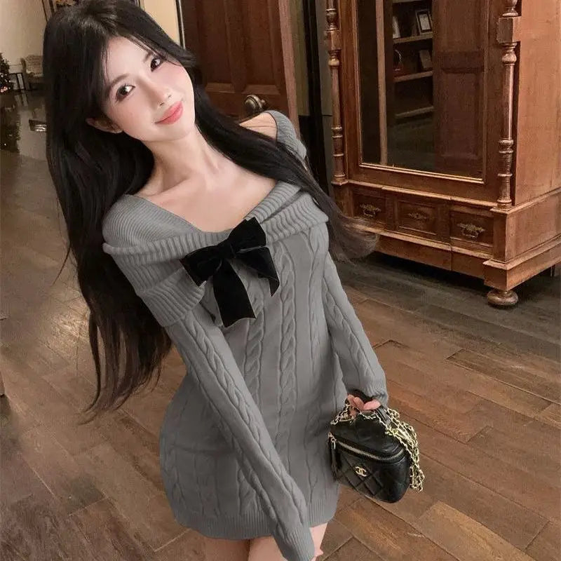Ingvn - Women's Autumn Winter Solid Knit Dress Bodycon Sweater Coquette Versatile Mini Chic Trendy Warm Elegant Vintage