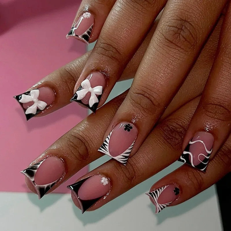 Ingvn  24pcs Short Square Acrylic Press on Nails with Design Zebra French Tip Duck Set of False Nails with Tools Realistic Wear Nail