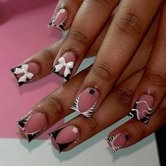 Ingvn  24pcs Short Square Acrylic Press on Nails with Design Zebra French Tip Duck Set of False Nails with Tools Realistic Wear Nail