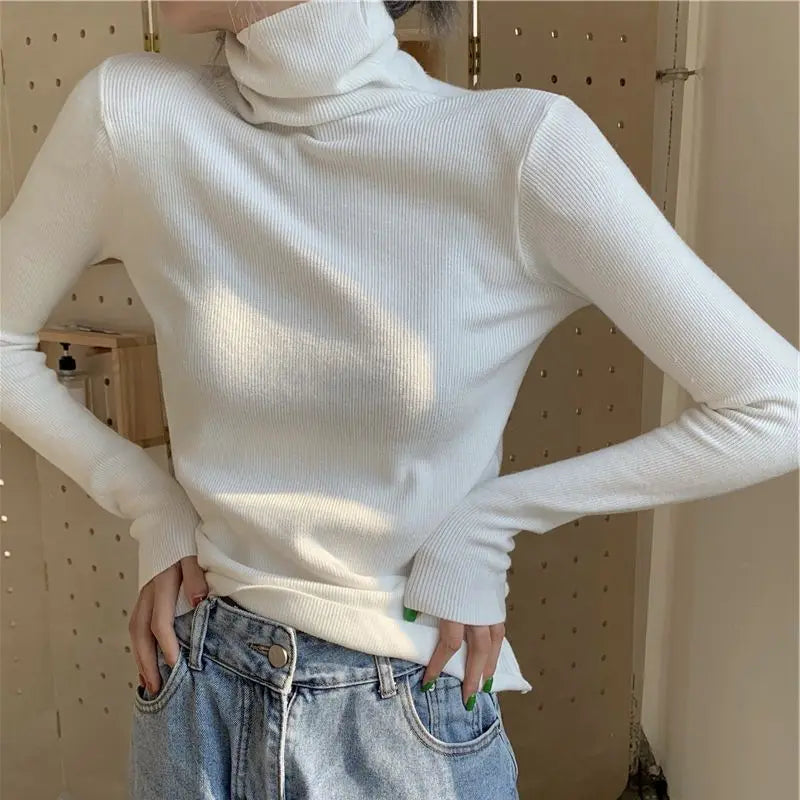 Ingvn - Women's Autumn Winter High Neck Knit Sweater Top Slim Fit Thick Warm Elegant Chic Coquette Trendy Layering Loose
