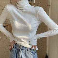 Ingvn - Women's Autumn Winter High Neck Knit Sweater Top Slim Fit Thick Warm Elegant Chic Coquette Trendy Layering Loose