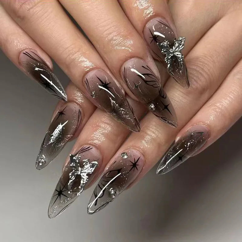 3D Pearl Shell Fantasy Polarized French Almond Shape False Nails Summer Detachable Finished Fake Nails Press on Nails with Glue