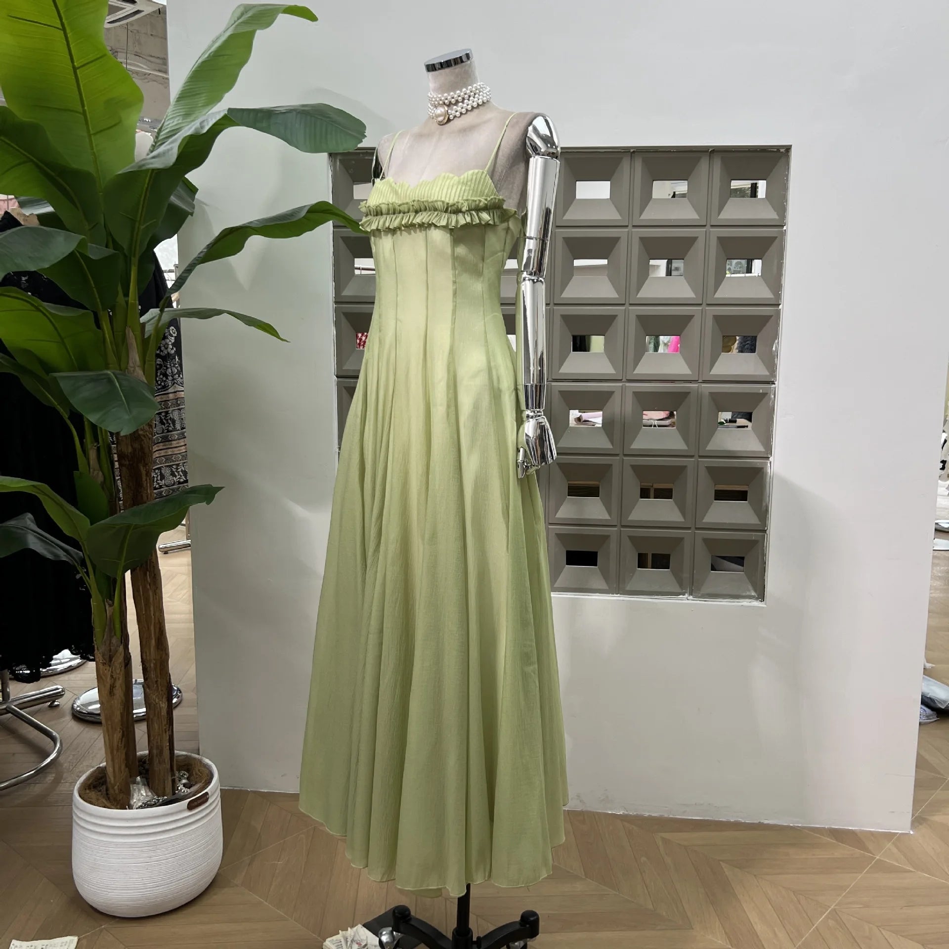 Ingvn  French Casual Vacation Green Fairy Long Dress Ruffles Patchwork Sleeveless High Waist Slim A-line Evening Party Dress for Women