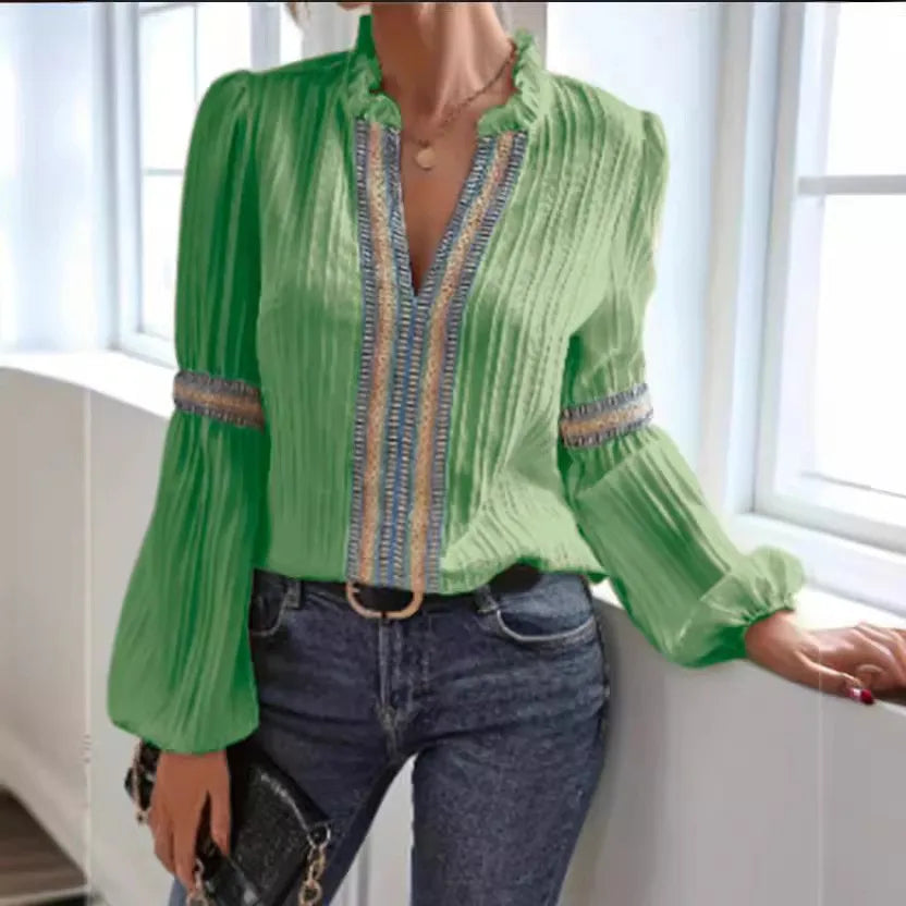 Ingvn  Spring Women's Clothing Lantern Sleeve Blouse With Lace Trim Stand Collar Long Sleeve Polyester Chiffon Casual Top For Woman
