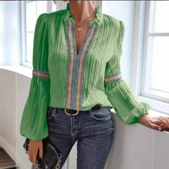 Ingvn  Spring Women's Clothing Lantern Sleeve Blouse With Lace Trim Stand Collar Long Sleeve Polyester Chiffon Casual Top For Woman