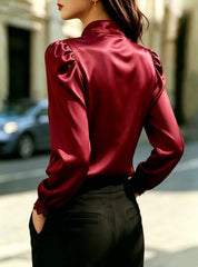 Ingvn  Lace Trim Stand Collar Long Sleeve Blouse Puff Sleeve Button Down Shirt