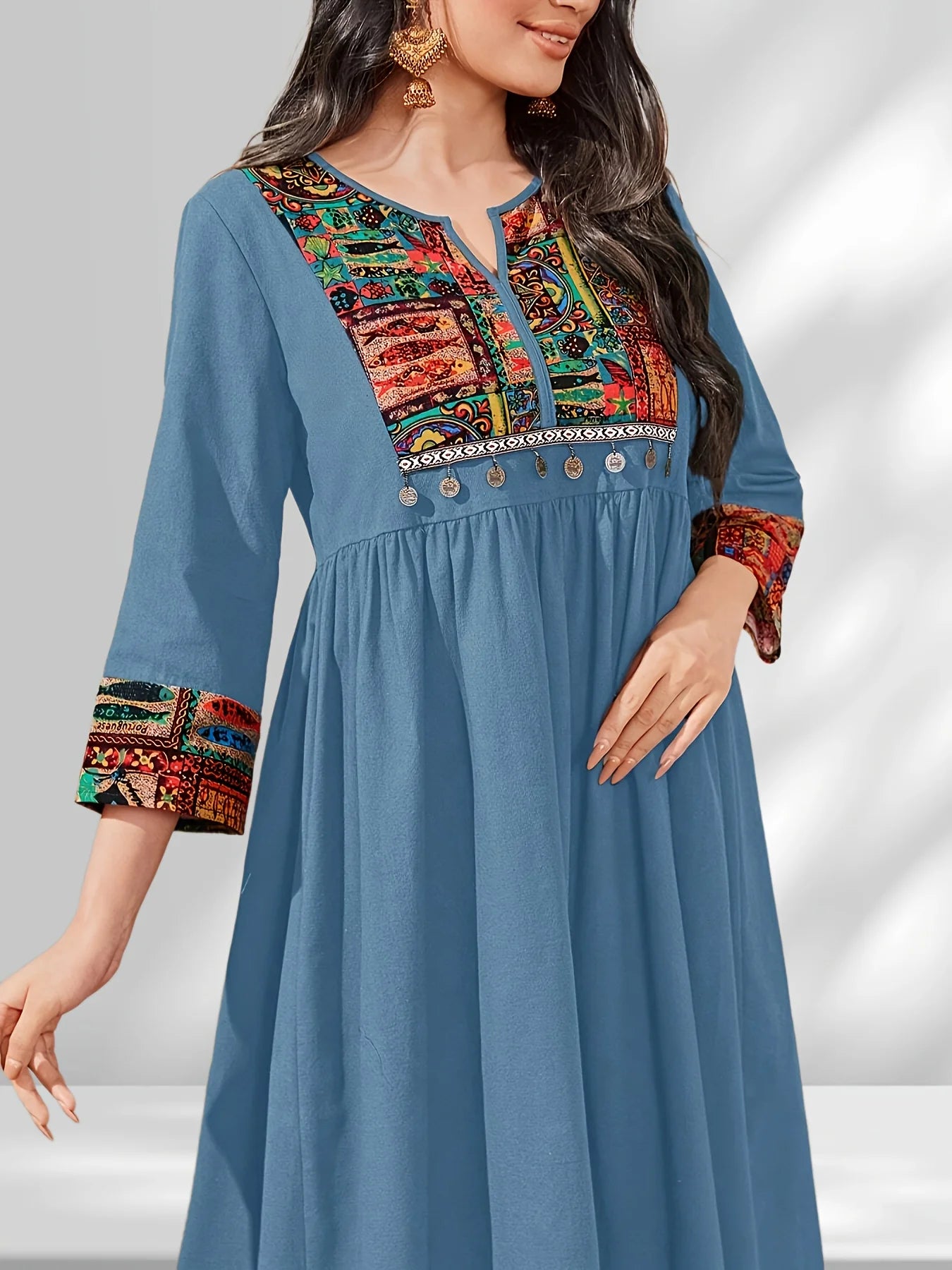 Ingvn  Fashion Women's V-neck Printed Long Maxi Dress Ladies V-neck Comfortable Long Sleeved Ankle Length Dress