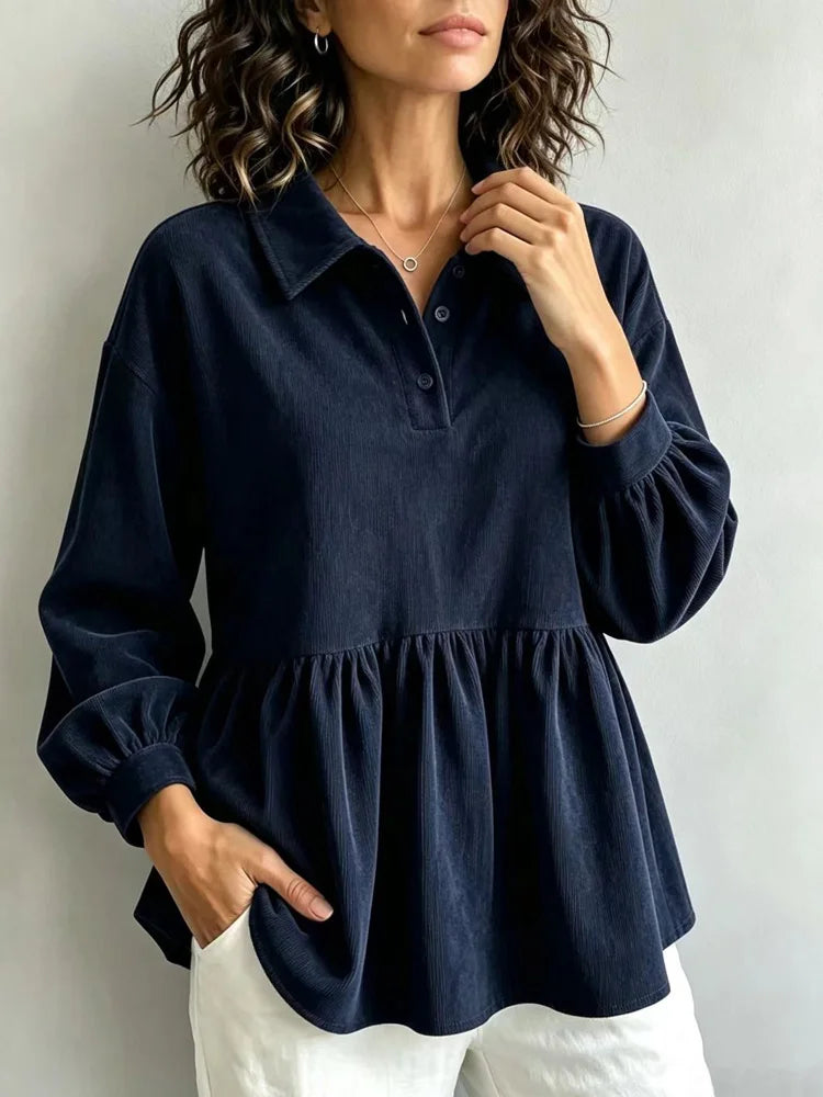 Ingvn - New Fashion Pleated Turn Down Collar Long Sleeve Women Blouse Office Lady Elegant Solid Color Shirts Spring Autumn Woman Tops
