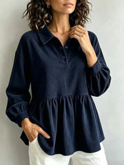Ingvn - New Fashion Pleated Turn Down Collar Long Sleeve Women Blouse Office Lady Elegant Solid Color Shirts Spring Autumn Woman Tops