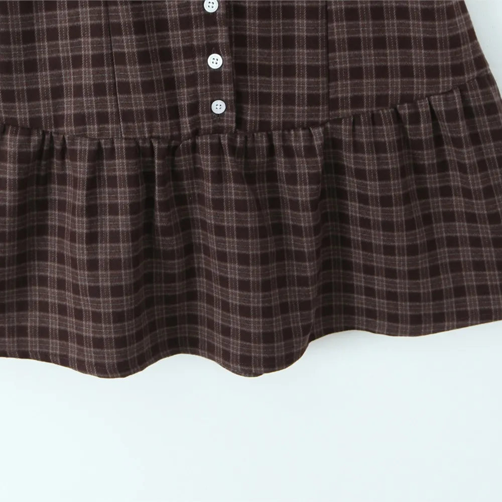Ingvn  Retro Checked Plaid Spliced Lace Peter Pan collar Short Puff Sleeve Mini Dress Women Open Buttons Low Waist A-line Dresses Robe