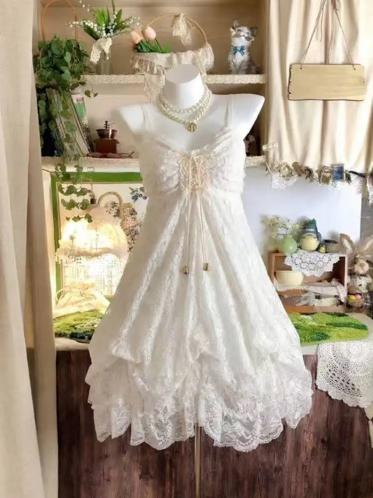 Ingvn  Y2K Vintage Sweet Bud Mini Dress Women Strap Cute Ruffle Dress Summer Casual Streetwear Party Outfits