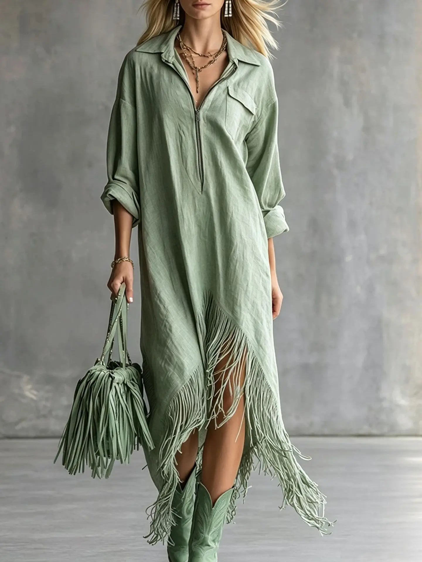 Ingvn - Elegant Loose Tassel Trim Dress Irregular Hemline Vintage Style Women's Fashion Autumn Casual Vacation Dress