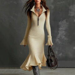 Ingvn - Autumn Winter Women Long Sleeve Flare Sleeves Slim Knitted Party Dress Women Fashion Zipper V-neck Office Dress