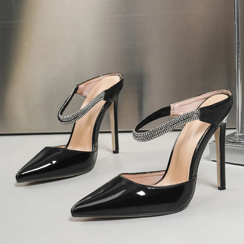 Ingvn  Black Apricot Patent Leather High Heels Mules Slippers Fashion Crystal Rhinestone Strap Designer Shoes Women Pumps Sandal