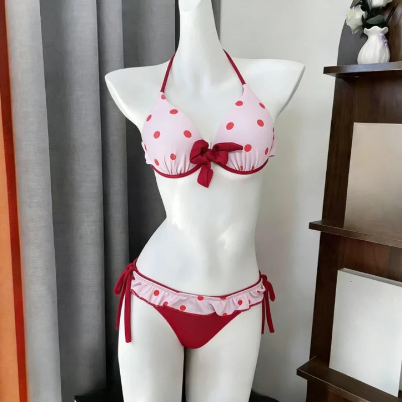 Ingvn  Women's Cute Floral Print Bikini Set Halter Strap Two Piece Swimsuit Ruffle Trim Backless Beachwear Summer Fashion Bathing Suit