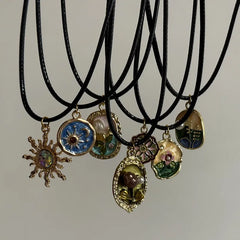 Ingvn  Vintage Drip Oil Flower Sun Pendant Necklace with Leather Rope Unique Antique Style Jewelry Accessory