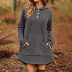 Ingvn - European American Autumn Winter New Style Women Casual Loose Fashion Solid Color Long Sleeve Pocket Pullover Hooded Sweatshirt