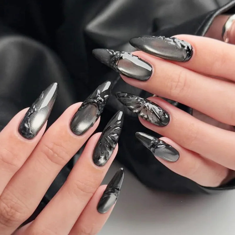 Ingvn  24Pcs Leopard Print Cat's Eye Nail Art Tip Long Almond Black Star Pattern Press on False Nails Pink Glitter Fake Nail Finished