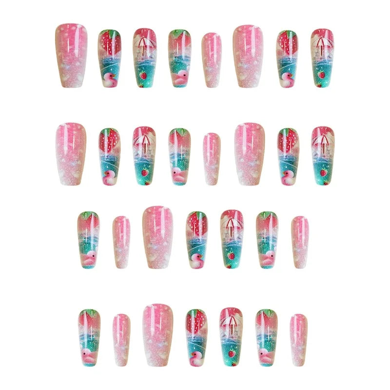 Ingvn  24pcs Sliders for Nails Strawberry Pink Duck Press on Nails with Tools Summer Sweets Reusable adhesive False Nails for Women