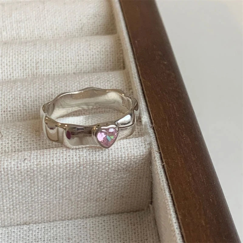 Fashion Heart Ring Pink Rhinestone Peach Heart Adjustable for Women Rings Wedding Party Aesthetic Jewelry Y2K Trend Accessories