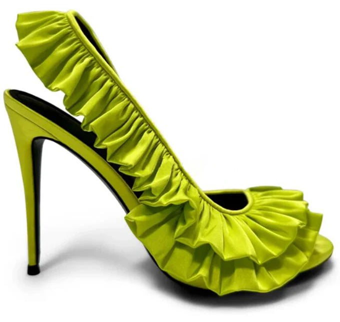 Ingvn - Neon Green Pink Silk Ruffle High Heel Sandals Women Open Toe 10cm Stiletto Heel Slip On Slingback Wedding Banquet Pumps Shoes