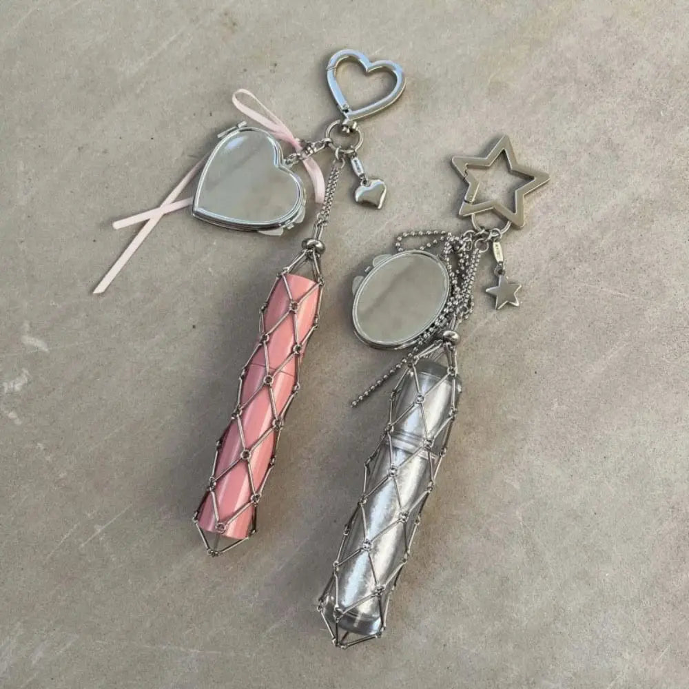 Ingvn  Stainless Steel Metal Net Pocket Lipstick Bag Keychain Charm Bag Accessories Interchangeable Lip Balm Keychain Silver Color Y2K