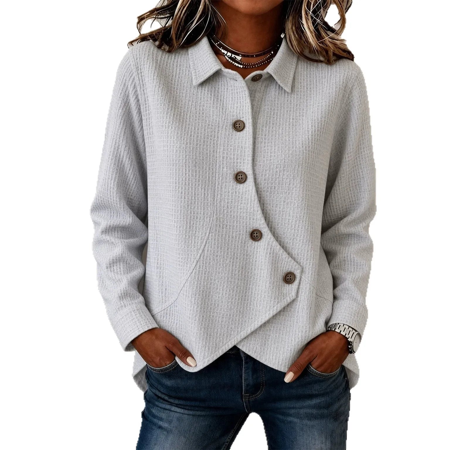 Ingvn - Casual Loose Irregular Shirt  Autumn Winter Solid Top & Blouse Women Fashion Button Long Sleeve Shirts Tops Femme