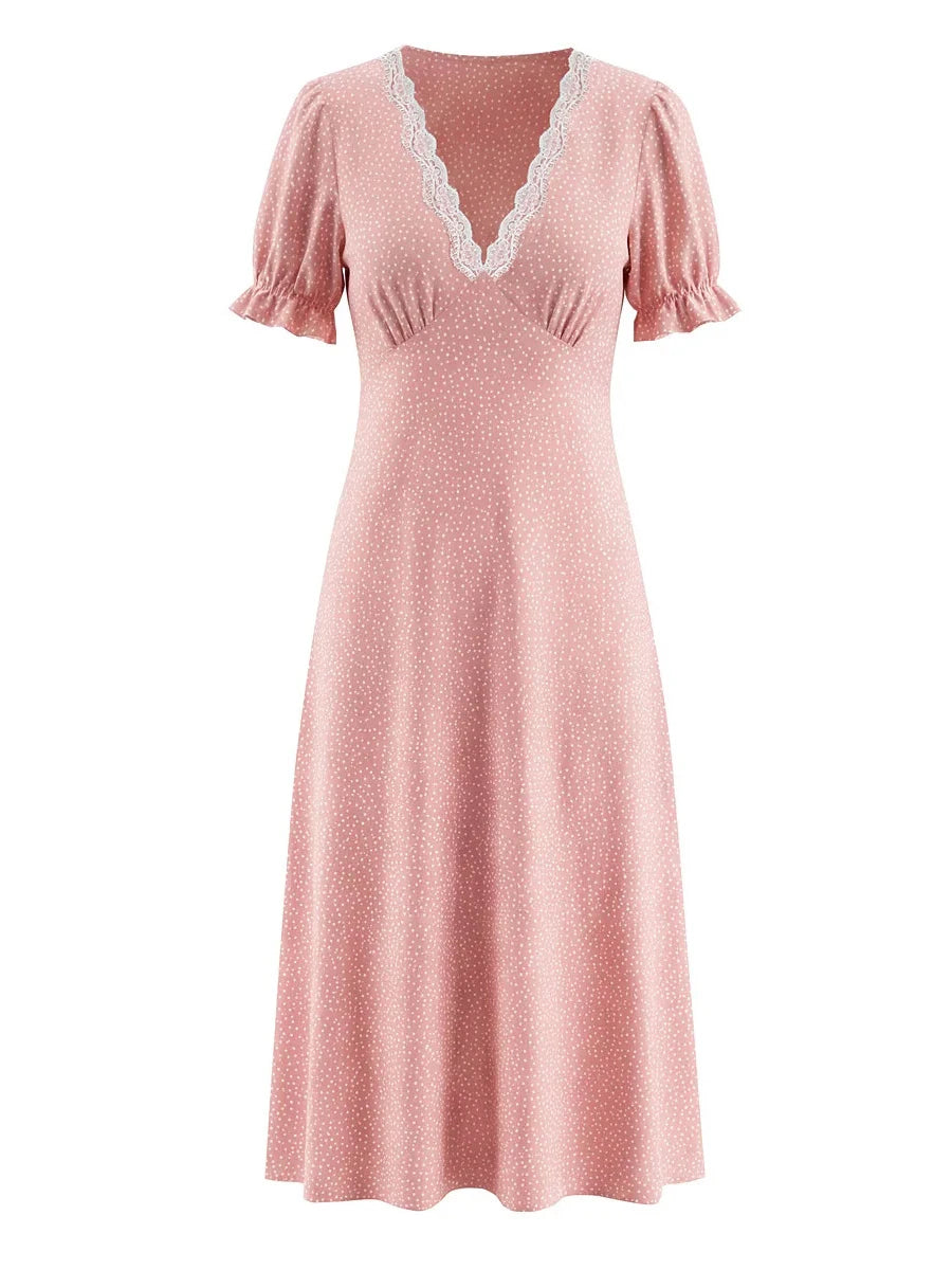 Ingvn  Casual Yellow V Neck Lace Trim Dot Print Dresses for Women Short Sleeve Slimming Ruffle for French Vacation Style