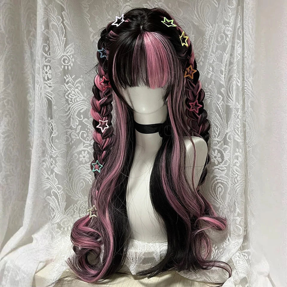 Ingvn  Long Black Highlight Pink Wig Synthetic Wavy Curly Lolita Wig Natural Cosplay Party Wig Daily Wear Halloween Costume Wig