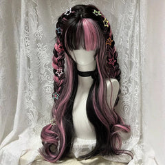 Ingvn  Long Black Highlight Pink Wig Synthetic Wavy Curly Lolita Wig Natural Cosplay Party Wig Daily Wear Halloween Costume Wig