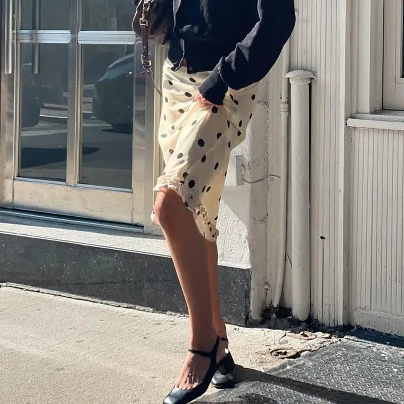 Ingvn  Women Polka Dot Midi Skirt Casual Lettuce Trim Beige Skirt Elegant Streetwear Bottom for Spring All Match Skirts