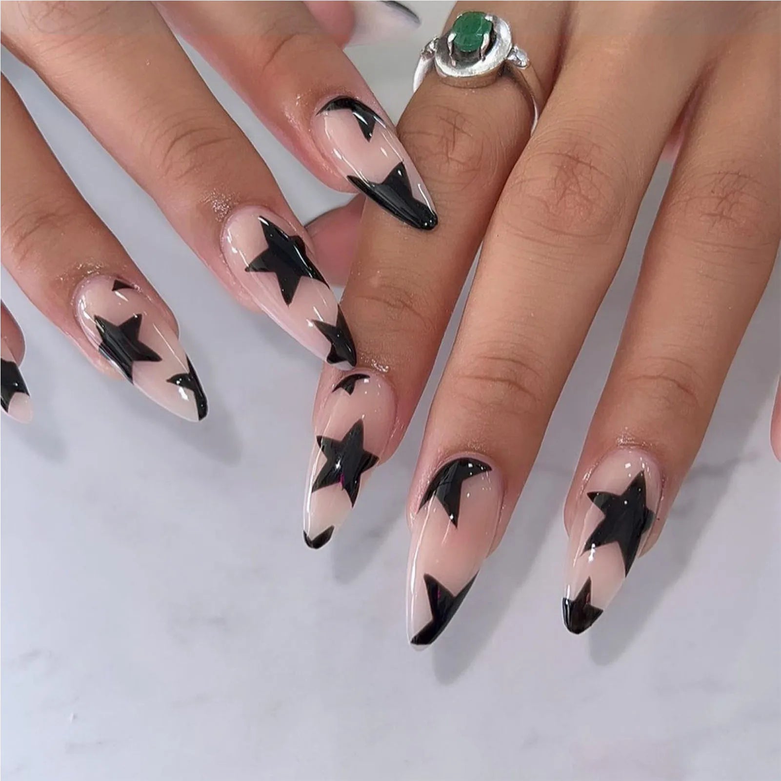 24pcs/box Fake French y2k Nails Press On Long Stiletto Almond Shape Wearable False Nails With Stars Designs Full Cover Nail Tips