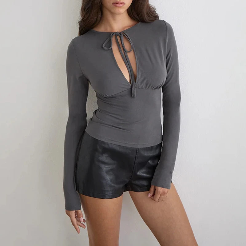 Ingvn  Women Solid Color Tied Front Keyhole T-Shirts Long Sleeve Slim Fit Pleated Bust Round Neck Y2k Cropped Tee Streetwear