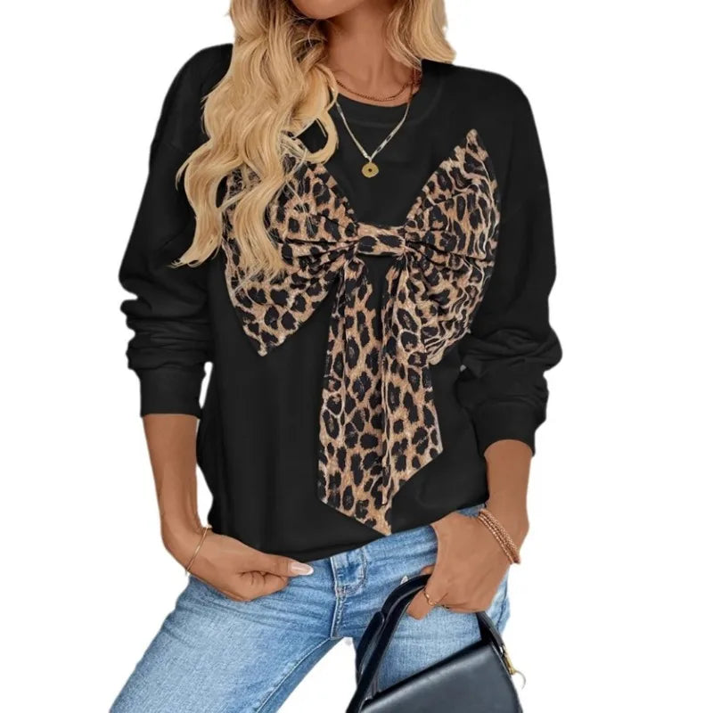 Ingvn  Women Vintage Leopard Bow Print Long Sleeve Sweatshirt Autumn Winter Casual Top