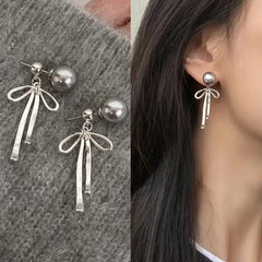 Ingvn  Korean Elegant Simple Bowknot Grey Pearl Long Dangle Earrings For Women Fashion Sweet Metal Aesthetic Jewelry Party Gifts