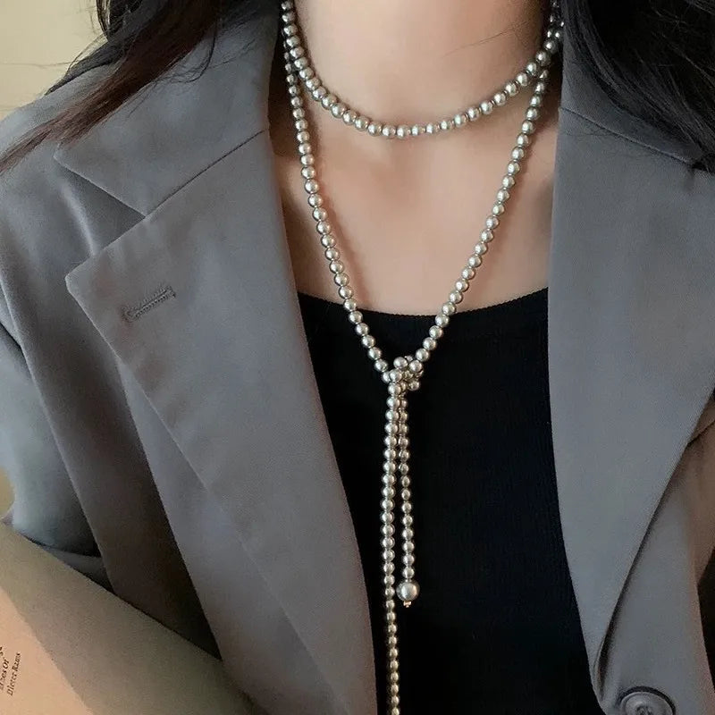 Ingvn  Vintage Imitation Pearl Long Chain Necklace for Women Elegant Classic Multilayer Pearl Clavicle Chain Necklaces Jewelry Gift