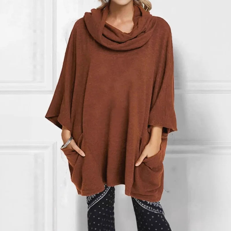 Ingvn  New Autumn Winter Style European American Loose Slouchy Turtleneck High Neck Pocket Pullover Long Sleeve Comfortable Top Women