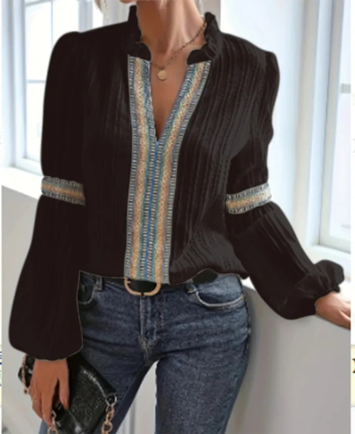 Ingvn  Spring Women's Clothing Lantern Sleeve Blouse With Lace Trim Stand Collar Long Sleeve Polyester Chiffon Casual Top For Woman