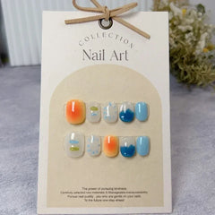Ingvn  10pcs Handmade Summer Blue Press on Nails Glitter Design Short Round False Nails Aesthetic Finger Nails Set Short Nail Tips Art