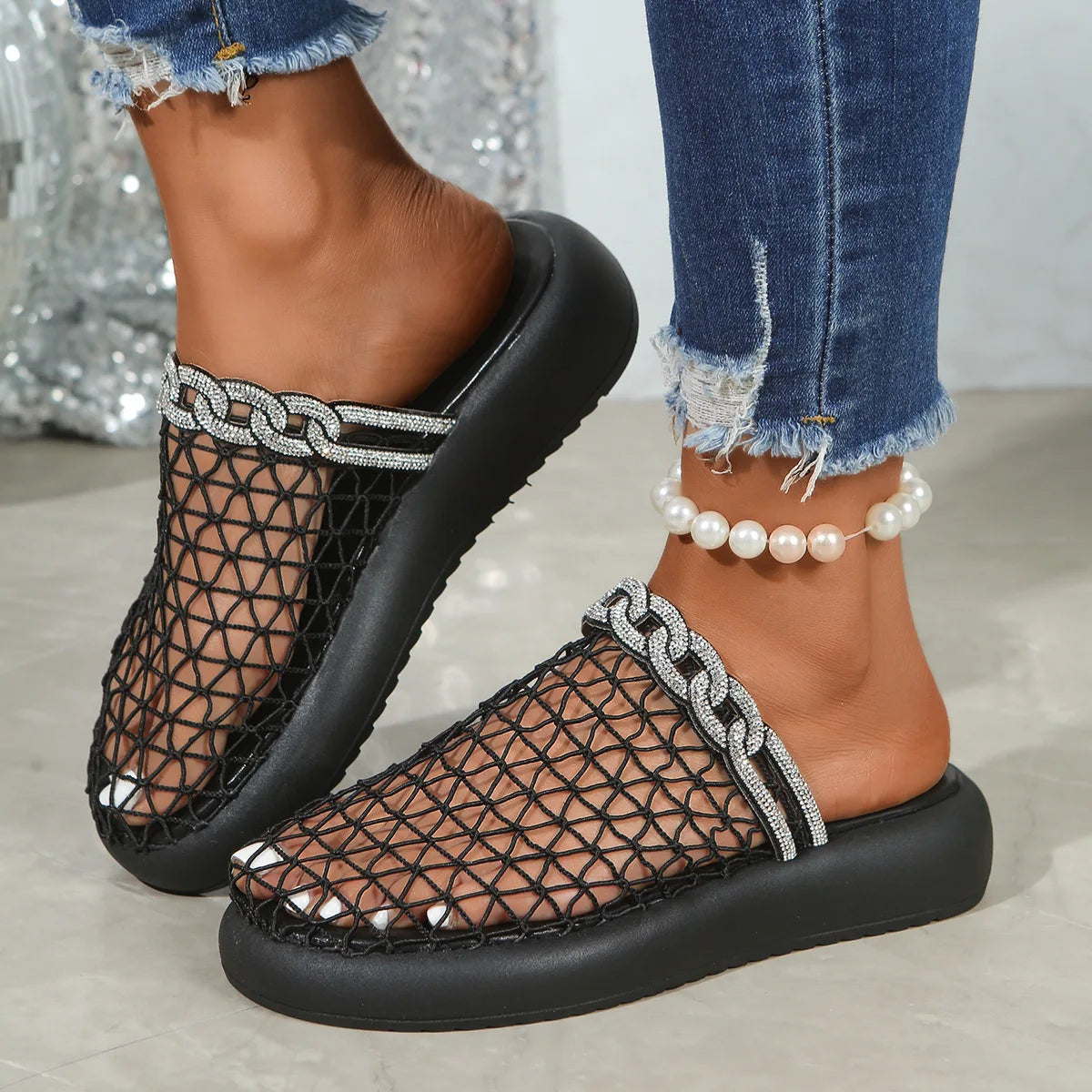 Ingvn  women's new hollowed out wedge heel with metal buckle strap high-heeled thick soled with versatile stylish slippers