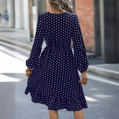 Ingvn  Waist Slimming Polka Dot Long Sleeve Elegant Dress