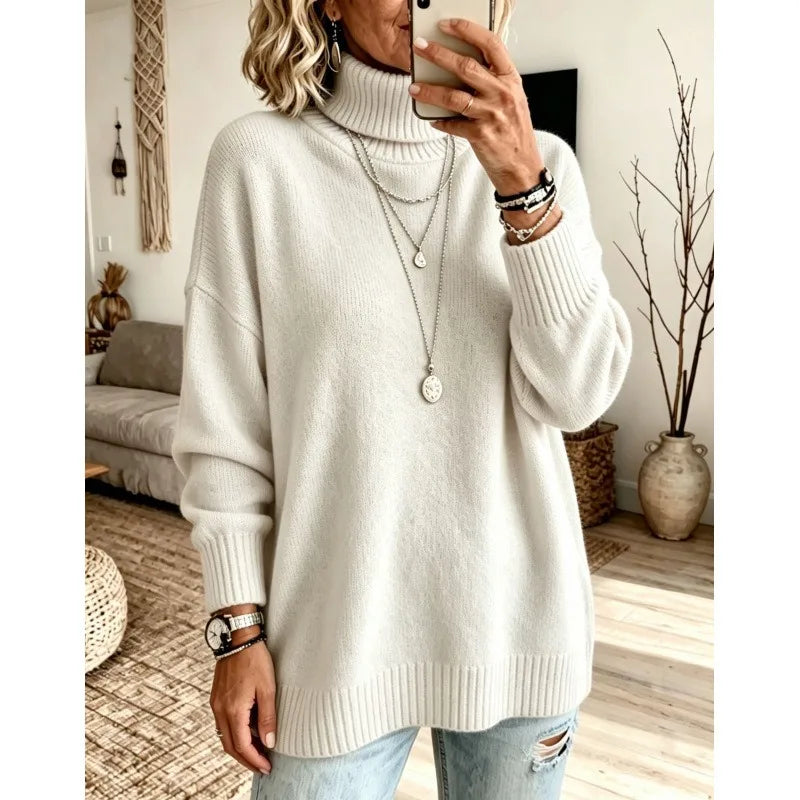 Ingvn - Women Turtleneck Knit Sweater Loose Long Sleeve Pullover Thick Autumn Winter Base Layer Top
