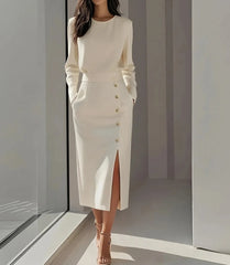 Ingvn  Solid Color Long Sleeves Pocket Button Decorated Slit Midi Dress
