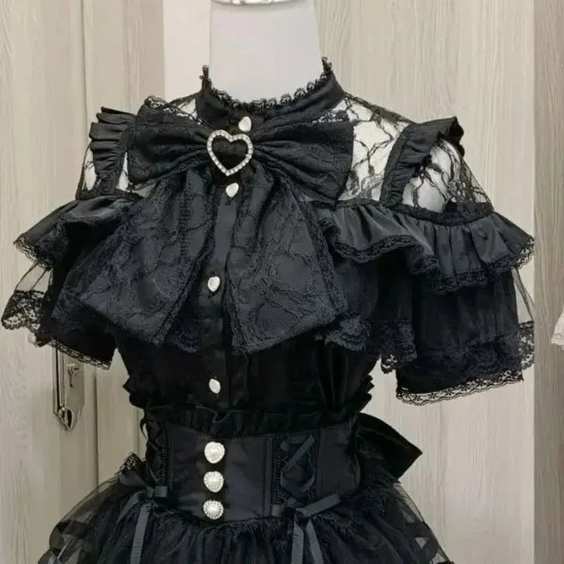 Ingvn  Japanese Harajuku Sweet Lolita Short Sleeve Blouse Women Y2K Lace Bow Subcultural Cute Daily Streetwear Outfit