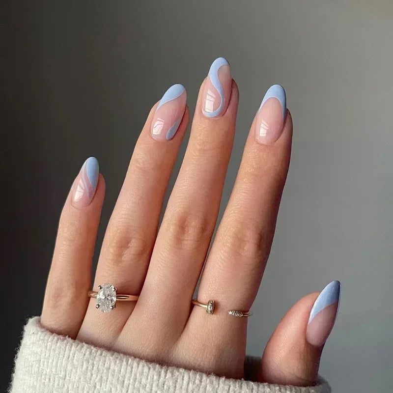 Ingvn  24Pcs Simple Green French False Nails Short Almond Fake Nails with Wave Line Design Wearable Round Head Press on Nail Tips