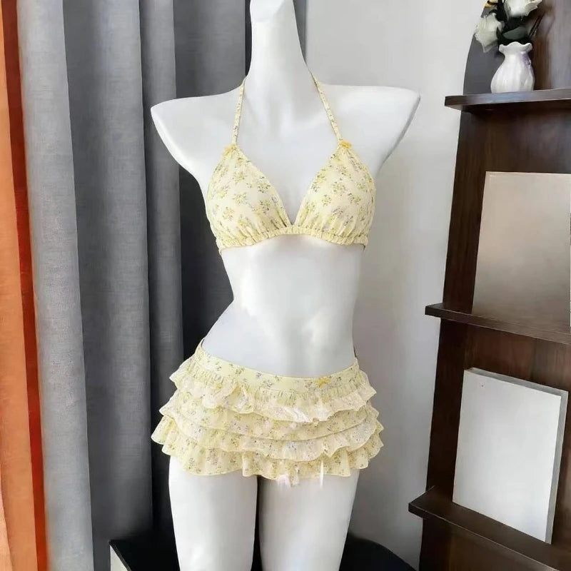 Ingvn  Sweet Lace Detail Bikini Set Halter Strap Two Piece Swimwear Cute Style Beach Party Bathing Suit Woman