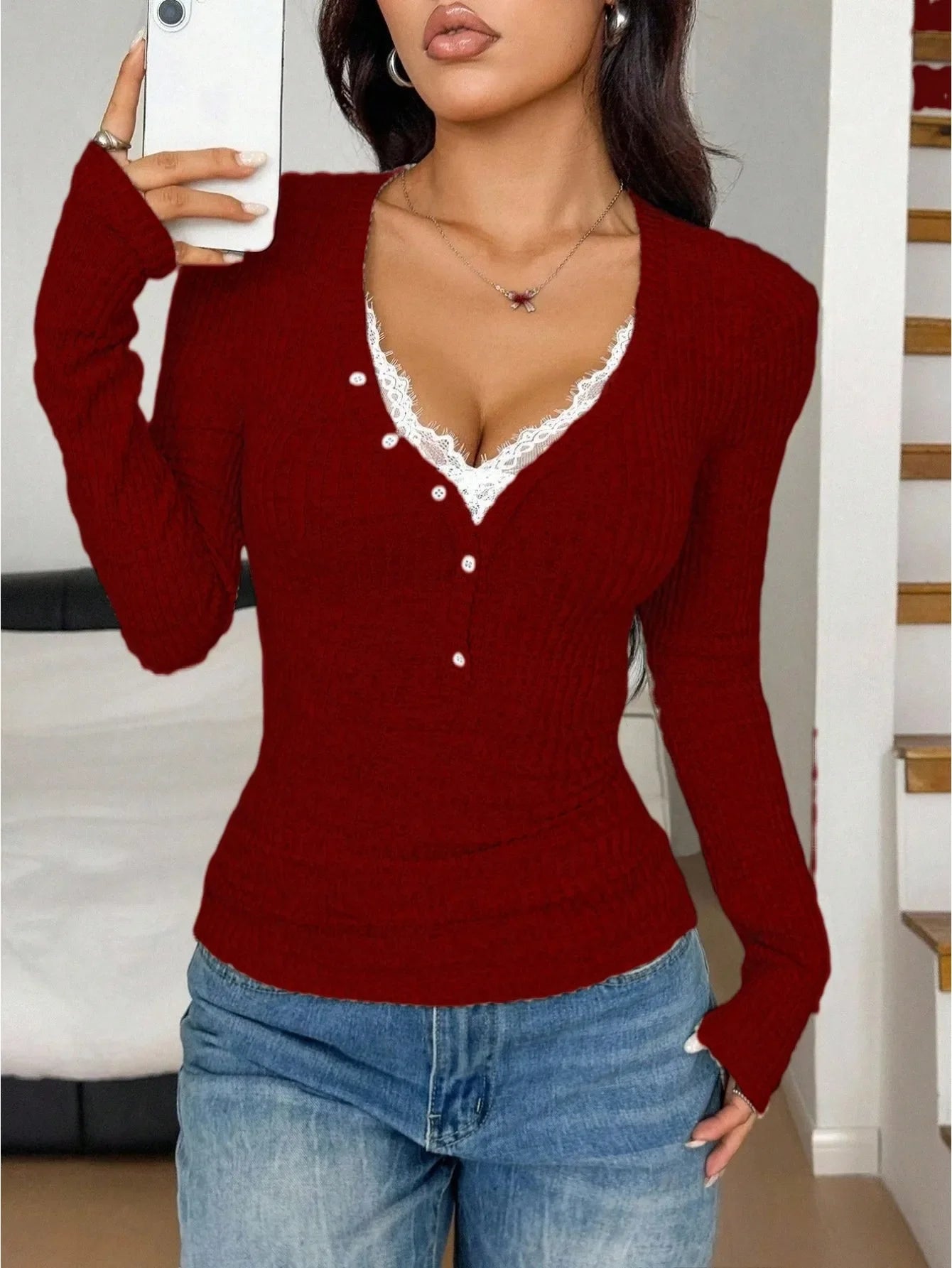 Ingvn - Office Lady Sexy V Neck Lace Splice Tops New Fashion Slim Chic Long Sleeve Women T-shirts Spring Autumn Solid Color Tees