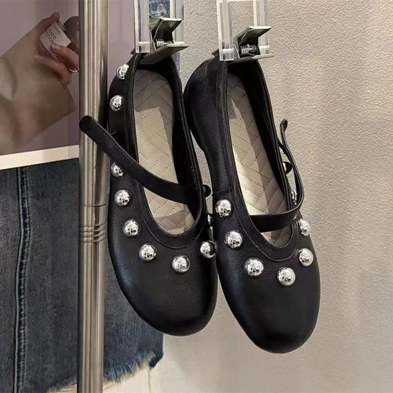 Ingvn - Fashion Rivet Sequined Mary Janes Women Ballet Flats Spring Autumn Comfortable Soft Soles Leather Walking Loafers Casual Shoes